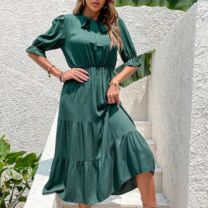 Damen Midi-Kleid mit Krawatte und Rüschensäumen - Eveloria