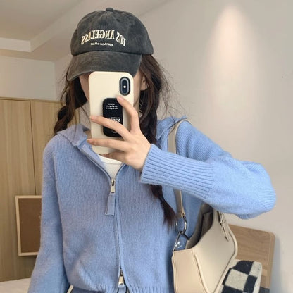 Damen Strickjacke Leicht Hoodie Reißverschluss Grau