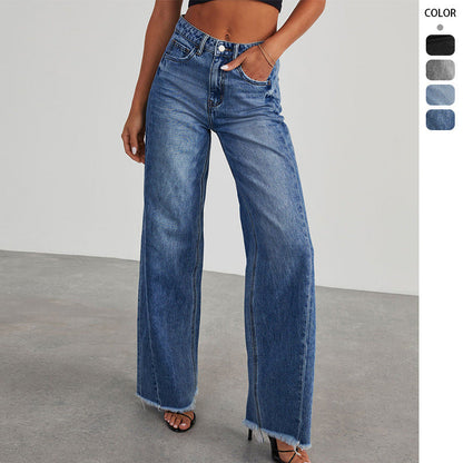 Damen Weite Denim-Jeans Franser Saum Blau - Eveloria