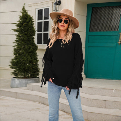 Damen Strickpullover Lässig Fransen Weit Eveloria