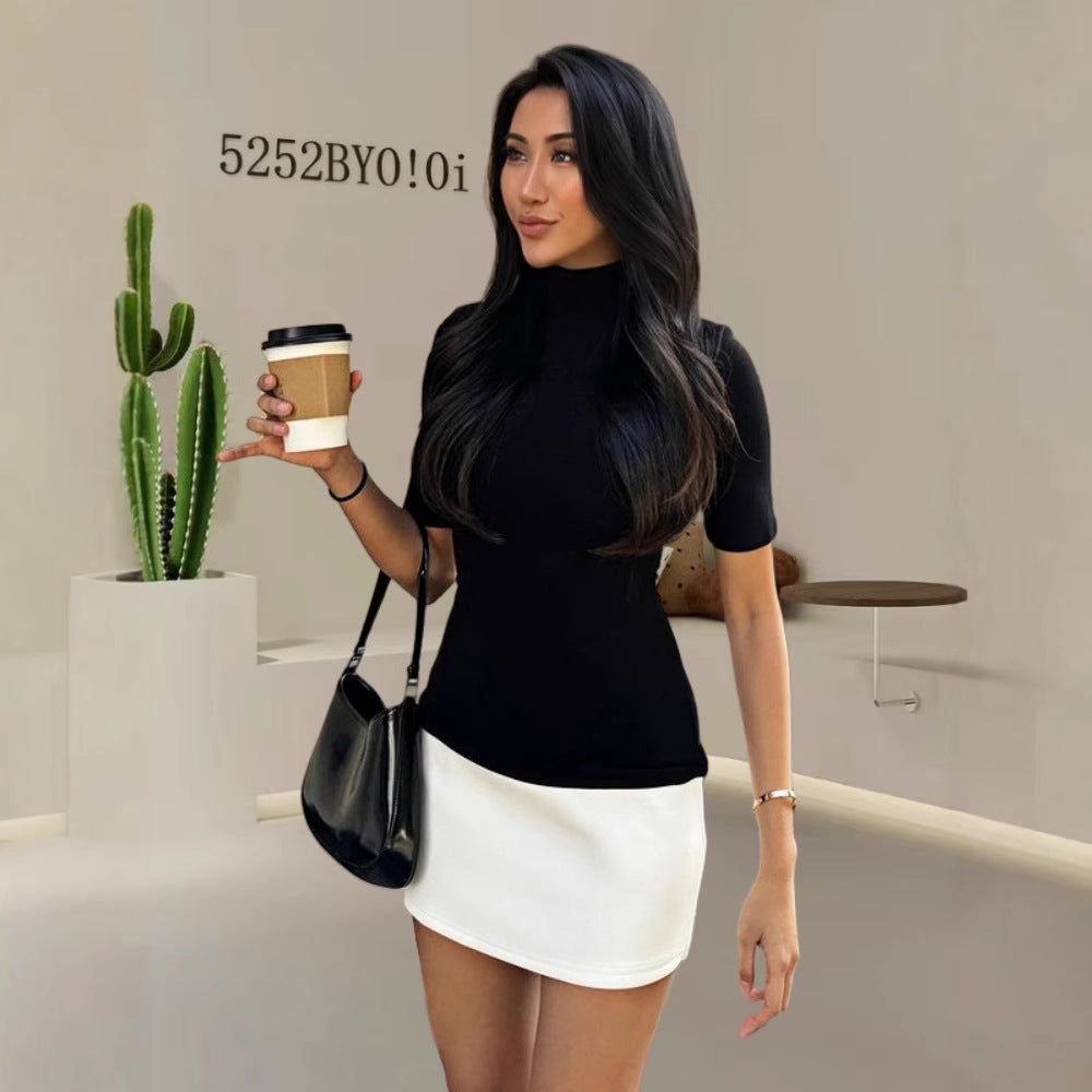Damen T-Shirt Figurbetont Stehkragen Kurzärmel Eveloria
