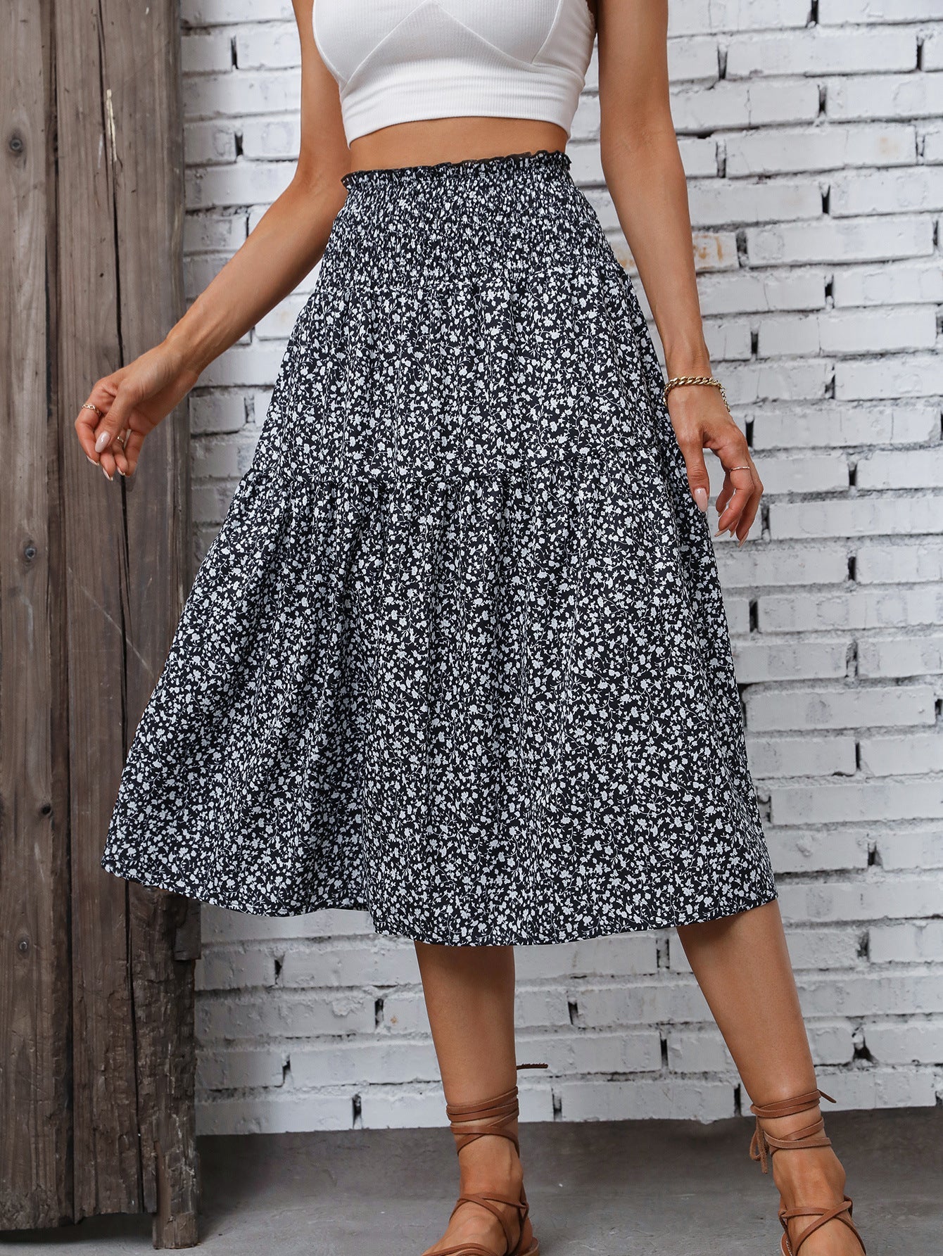 Damen Midirock Elastischer Taillenbund Florales Design