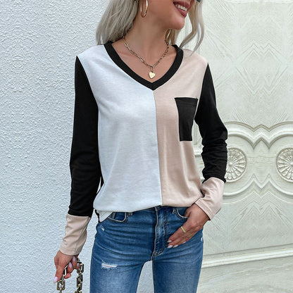 Damen Langarm T-Shirt Colorblock Muster Weiß Schwarz - Eveloria