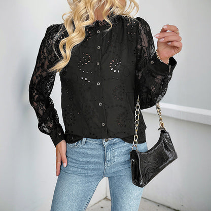 Damen Bluse mit Lochmuster und Rüschen Eveloria - Eveloria