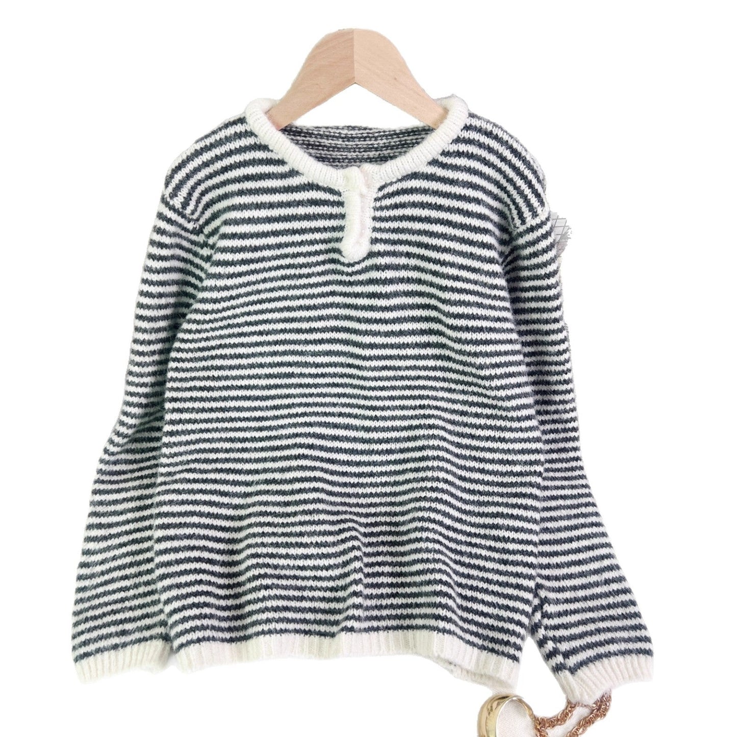 Damen Streifenpullover Lässig Dekorativer Knopf Beige