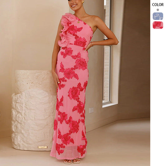 Damen Abendkleid Asymmetrischer Träger Florale Applikationen Eveloria - Eveloria
