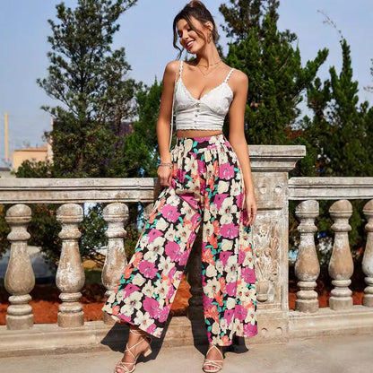 Damen Palazzo-Hose Blumenmuster Elastisch