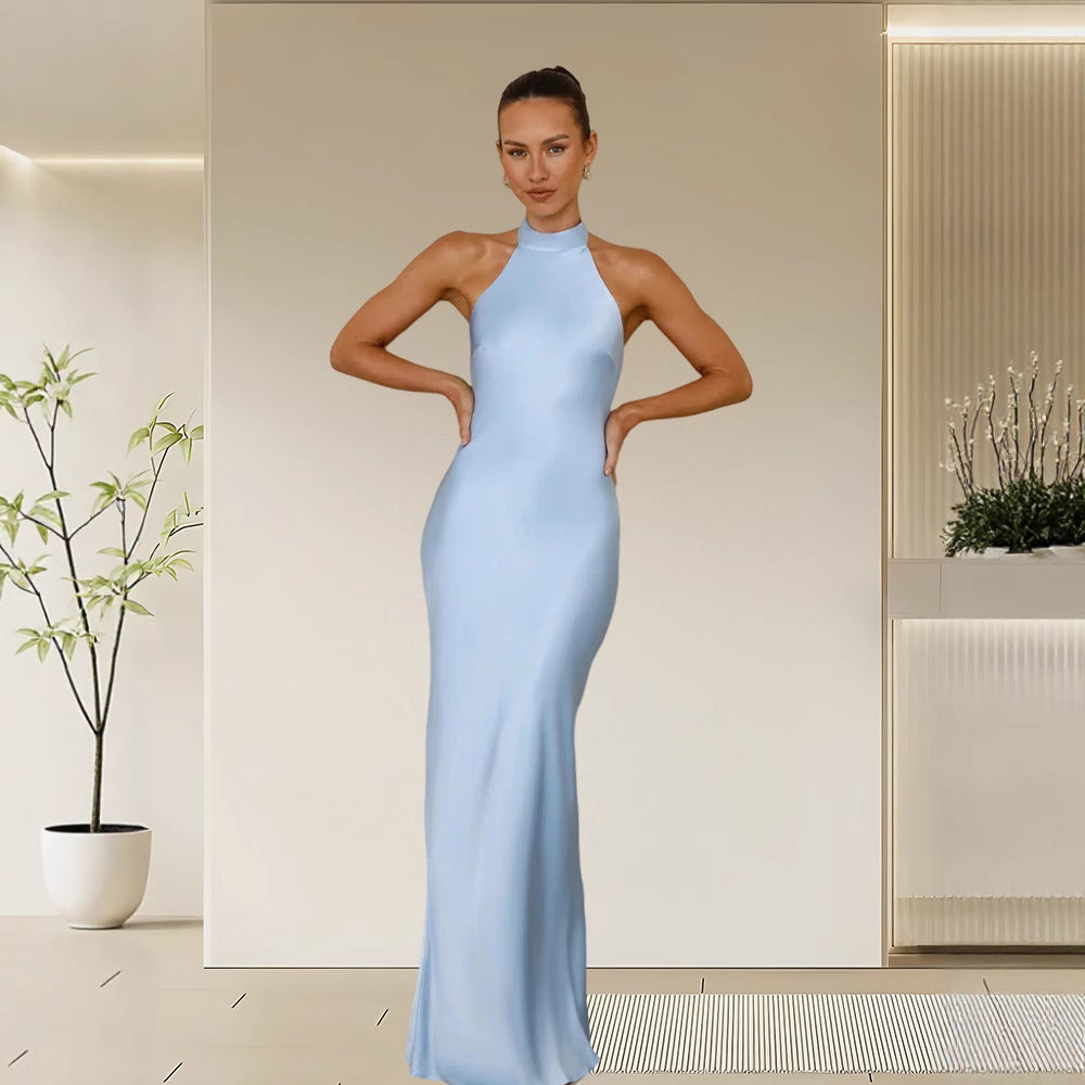 Damen Satin Maxikleid Hochkragen Körpernah Eveloria
