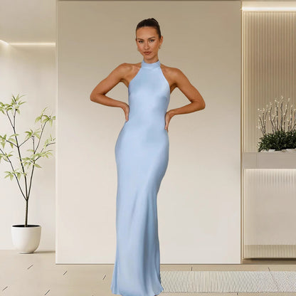 Damen Satin Maxikleid Hochkragen Körpernah Eveloria