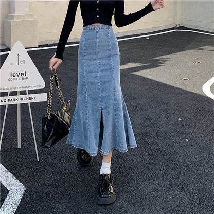 Damen Denim-Rock Flared mit hohem Schlitz Eveloria - Eveloria