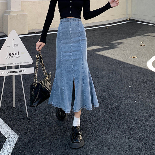 Damen Denim-Rock Flared mit hohem Schlitz Eveloria - Eveloria