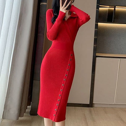 Damen Strickkleid Wickeloptik Knöpfe Eveloria