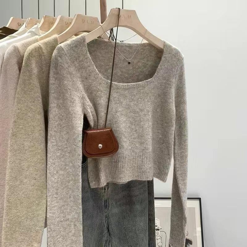 Damen Kurzpullover Quadrat-Ausschnitt Feinestricks Eveloria