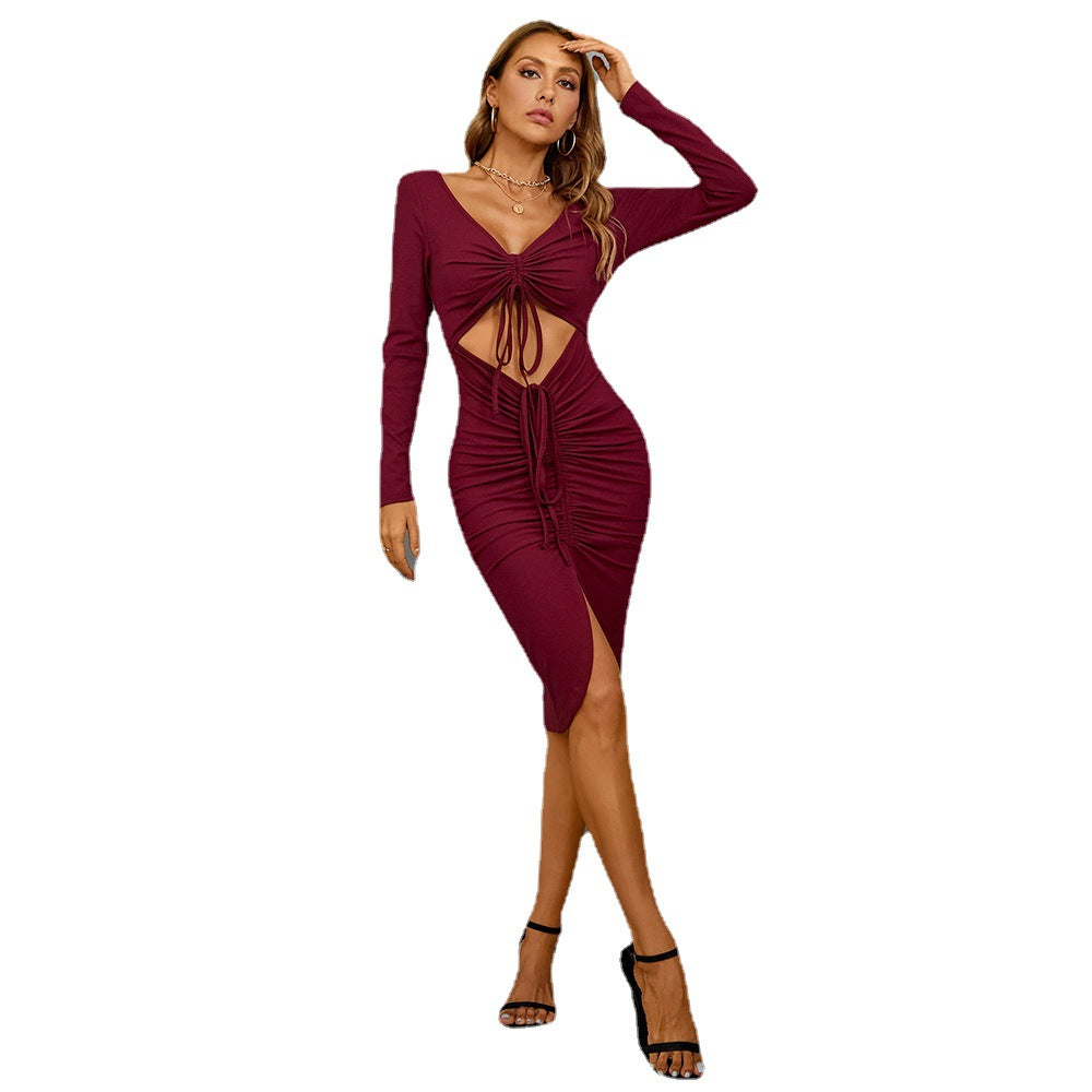 Damen Midi-Kleid Figurbetont Raffungen Cut-Out Eveloria