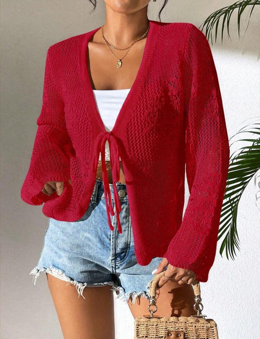 Damen Strickjacke Häkelstruktur Bindeverschluss Beige