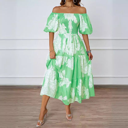 Damen Maxikleid Off-Shoulder Voluminöse Ärmel Floral-Print