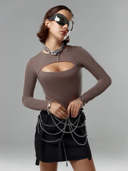 Damen Langarmshirt Feine Rippstruktur Kreativer Ausschnitt
