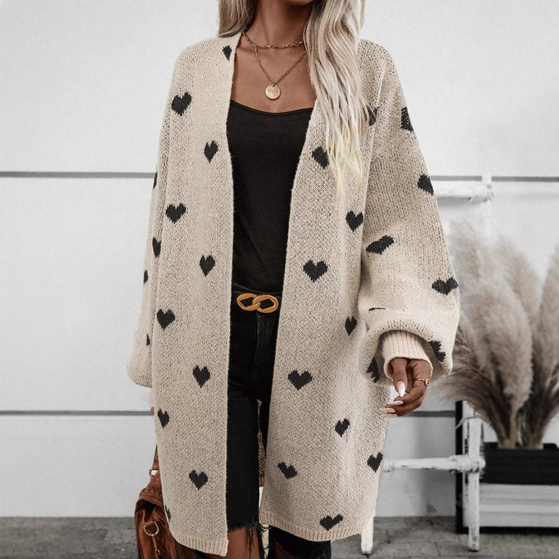 Damen Strickjacke Herzmuster Lässig Grün