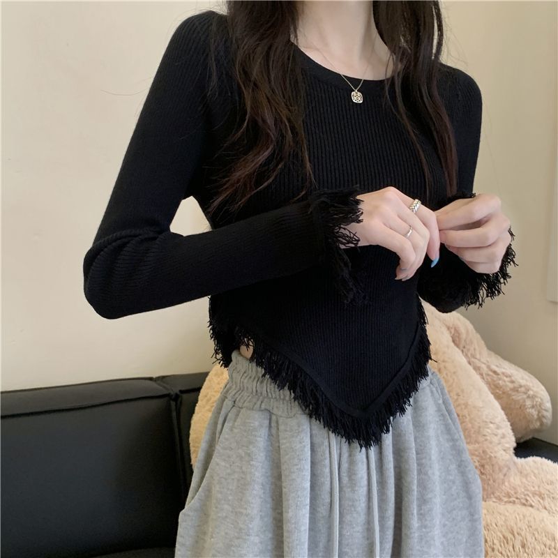 Damen Strickpullover Fransen Eveloria