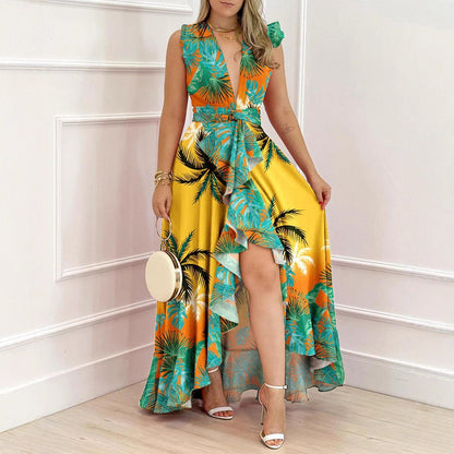 Damen Maxi-Kleid V-Ausschnitt Asymmetrisch Eveloria