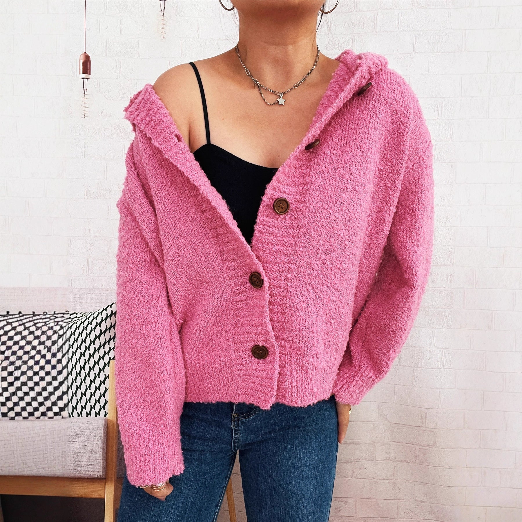 Damen Strickjacke Kapuze Knöpfe Grau Eveloria - Eveloria