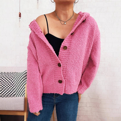 Damen Strickjacke Kapuze Knöpfe Grau Eveloria - Eveloria