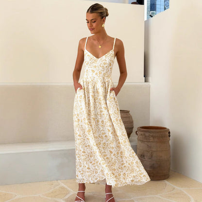 Damen Maxikleid feines Floralmuster Spaghettiträger Eveloria