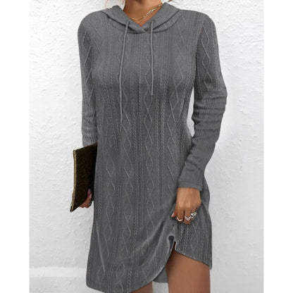 Damen Strickkleid Kapuze Struktur Muster Anthrazit