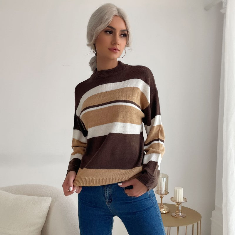 Damen Strickpullover Farbiges Streifenmuster Hoher Kragen