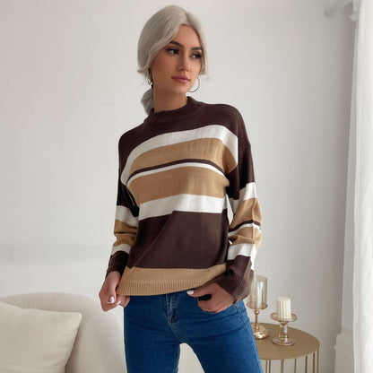 Damen Strickpullover Farbiges Streifenmuster Hoher Kragen
