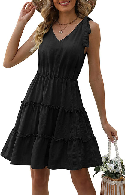 Damen Ärmelloses Sommerkleid Rüschen V-Ausschnitt Eveloria