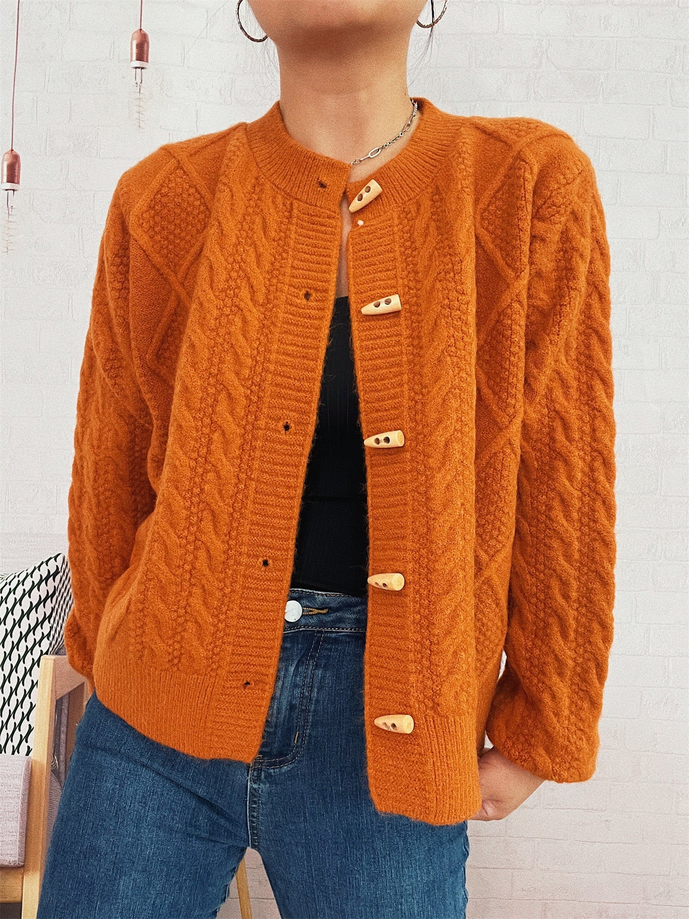 Damen Strickcardigan Weich Nautisches Design Beige Holzknöpfe