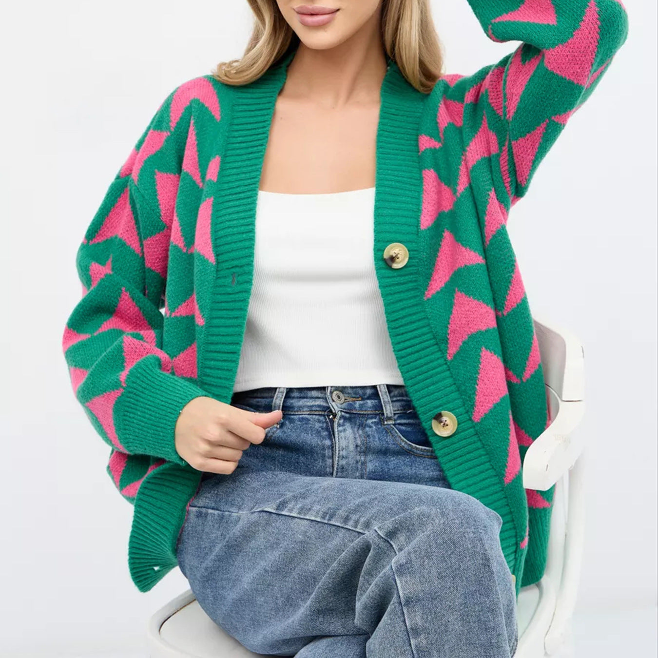 Damen Cardigan Wellenmuster Golden Knöpfe Eveloria