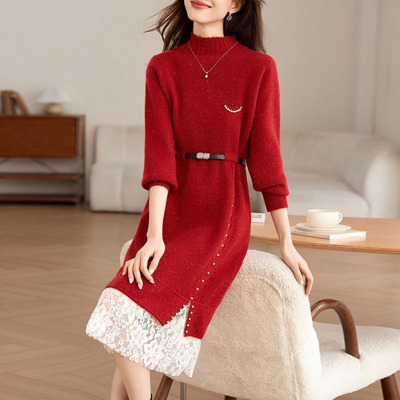 Damen Strickkleid Perlendetails Eleganter Gürtel