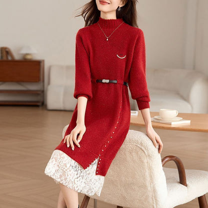 Damen Strickkleid Perlendetails Eleganter Gürtel