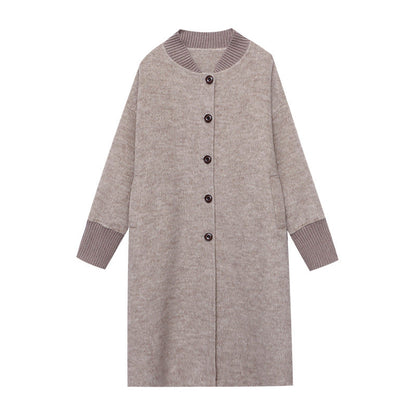 Damen Strickmantel Lang Lederknöpfe Elegantes Design Beige
