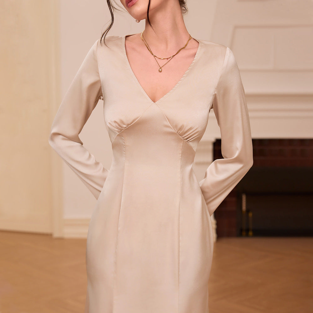 Damen Midi-Kleid V-Ausschnitt Lange Ärmel Eveloria