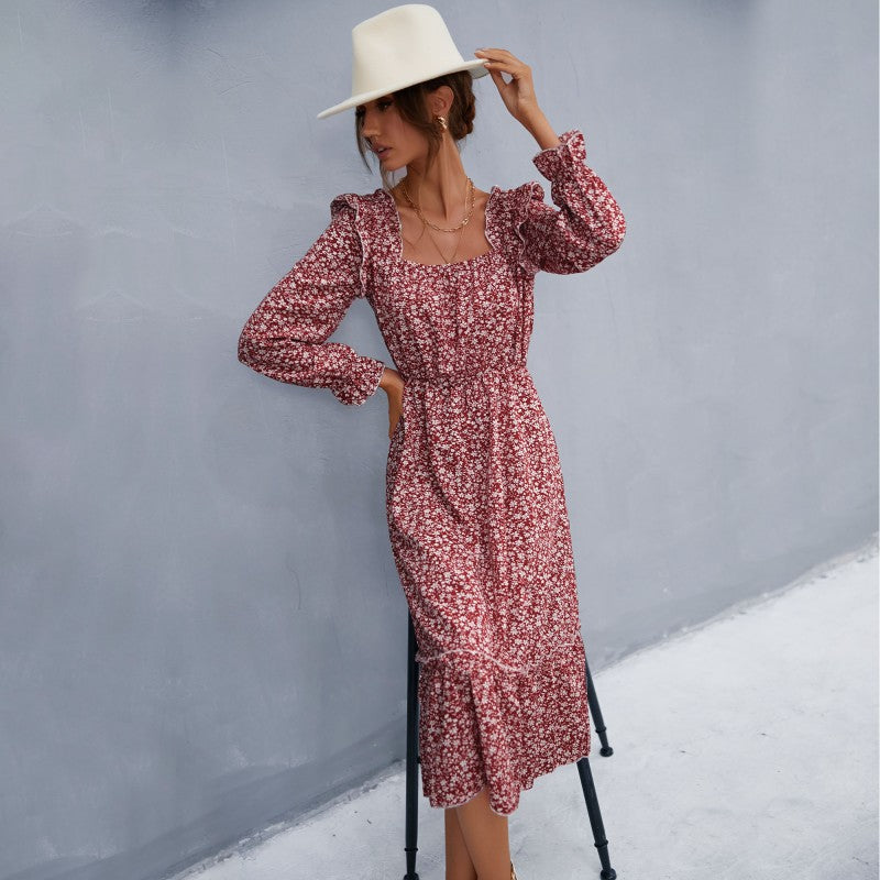 Damen Maxikleid mit Rüschendetails und floralem Muster