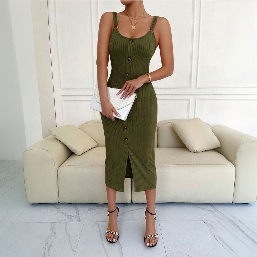 Damen Midi-Kleid Knopfdetails Figurbetonter Schnitt
