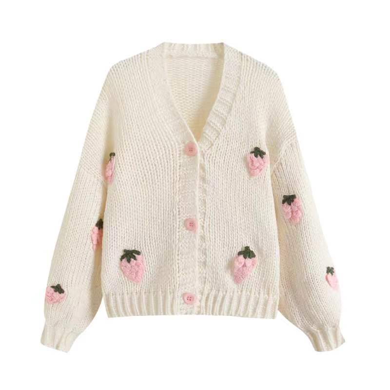 Damen Strickjacke Frucht-Applikationen Knopfdetails Eveloria