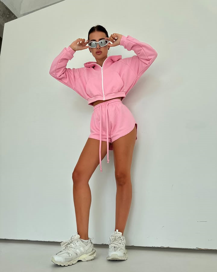 Damen Hoodie-Set Reißverschluss Elastischer Bund Grau Eveloria