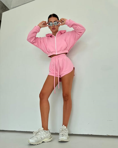 Damen Hoodie-Set Reißverschluss Elastischer Bund Grau Eveloria