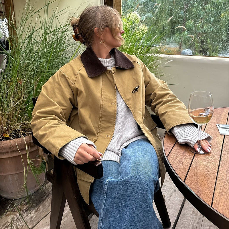 Damen Modische Baumwolljacke Abnehmbarer Kragen Schwarz - Eveloria