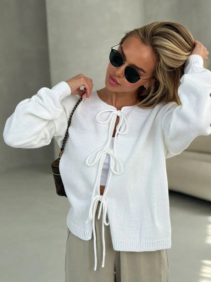 Damen Strickpullover Lässig Dekorative Schnürung Weit Eveloria