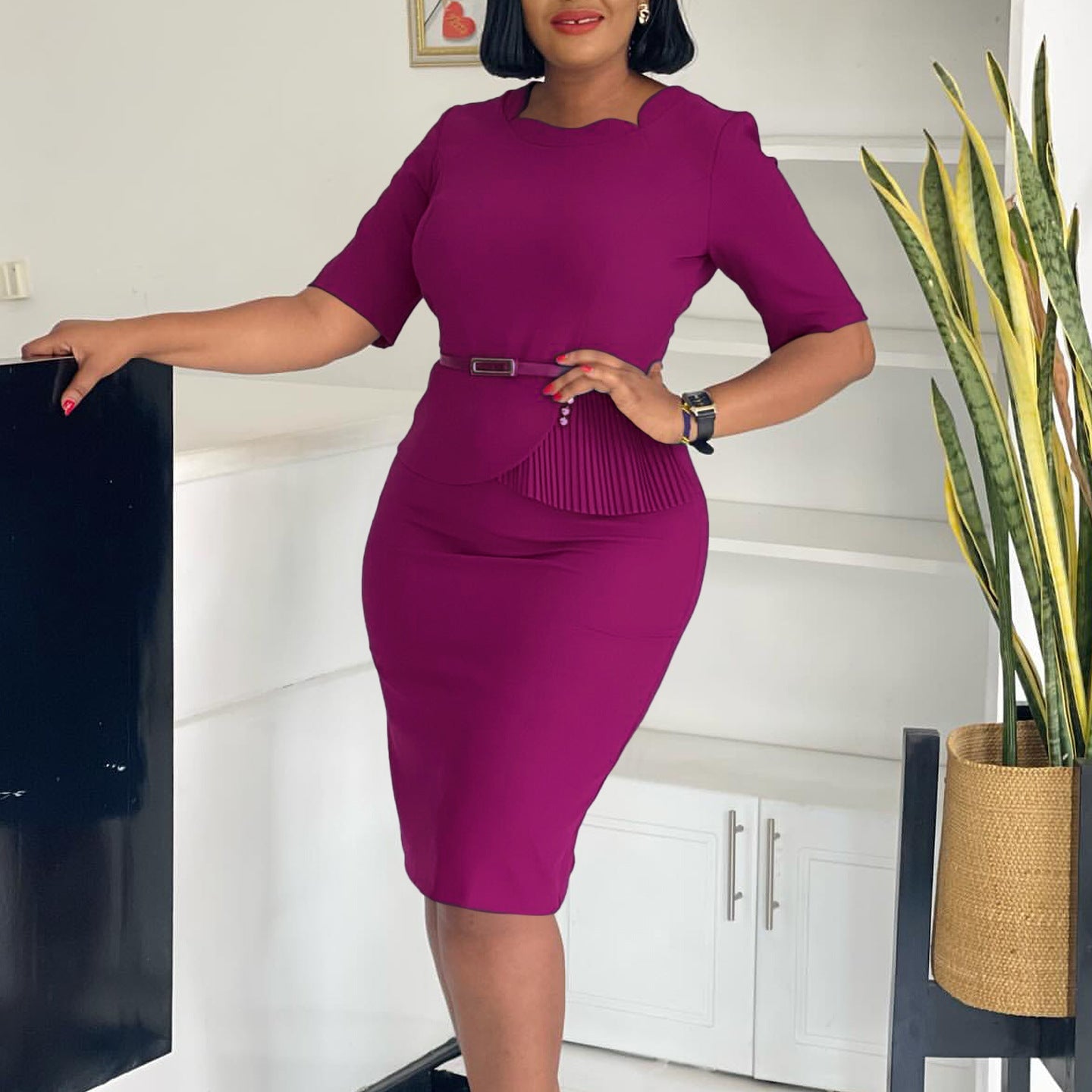 Damen Midi-Kleid Drapierung Vorderseite Abnehmbarer Gürtel Eveloria