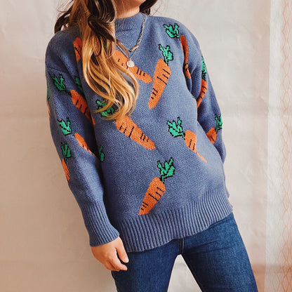 Damen Oversized Strickpullover Karottenmuster Eveloria