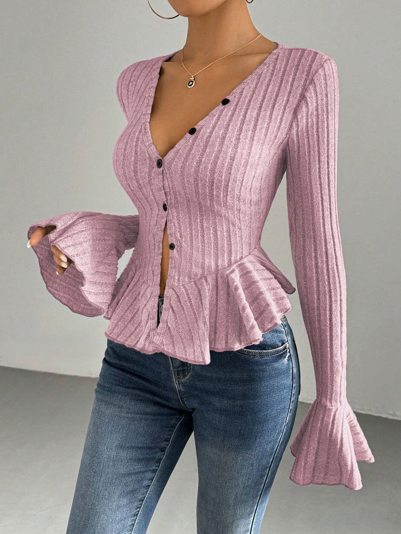Damen Strickjacke Tailliert Rüschen Eveloria