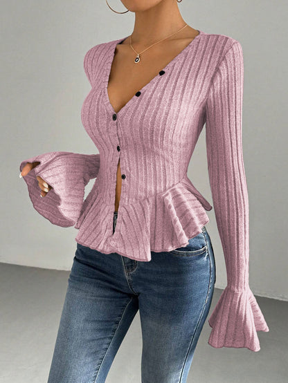 Damen Strickjacke Tailliert Rüschen Eveloria