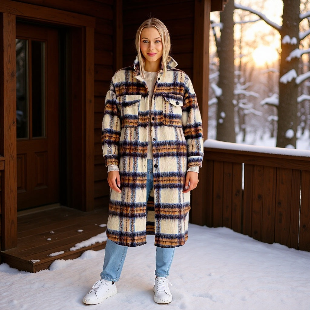 Damen Oversized Wollmantel Karomuster Schwarz Eveloria - Eveloria
