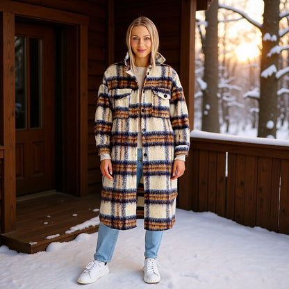 Damen Oversized Wollmantel Karomuster Schwarz Eveloria - Eveloria